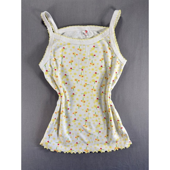 Strawberry Milk Mob Tops - Strawberry Kids Size 12 White Floral Print Tank Top Yellow Trim Y2K